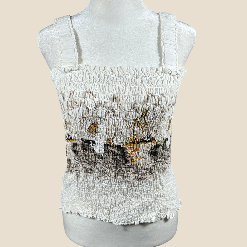 Magic Smocked Tank Top Womens 2X White Excellent Landscape Print Camisole